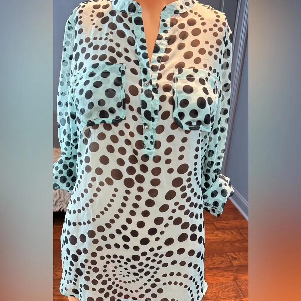 Aqua Black Polka Dot Sheer Blouse Hi Low Roll Tab Sleeve Small